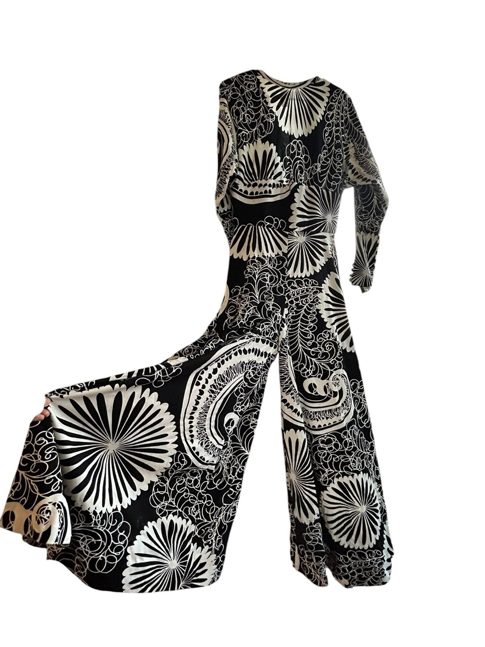Vintage 70s Handmade Black White Psychedelic Floral Bellbottom Jumpsuit S/M Boho